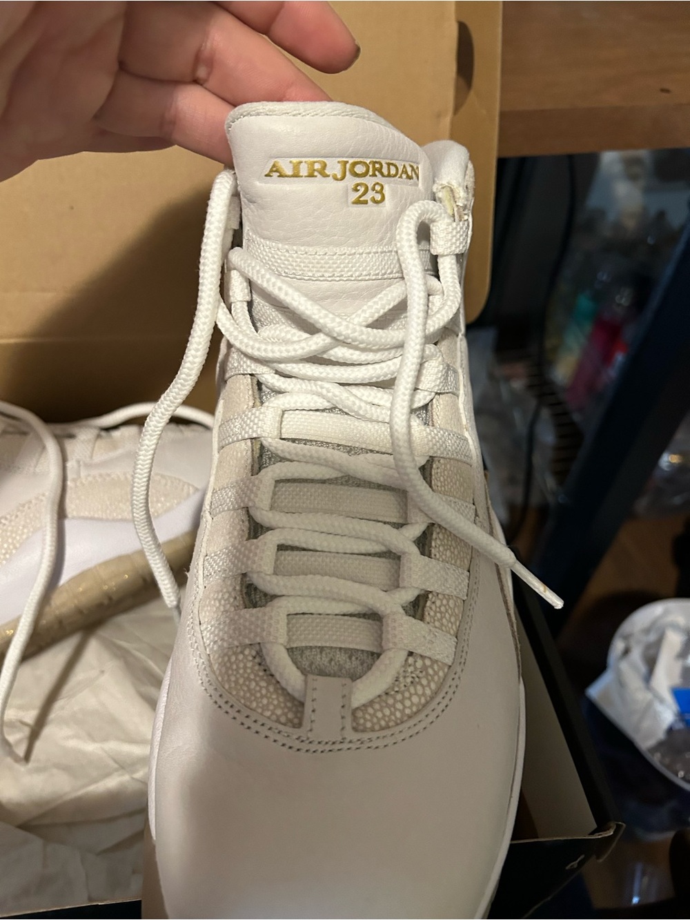 Jordan White and Gold Retro Sneaker sample ovo friends and family